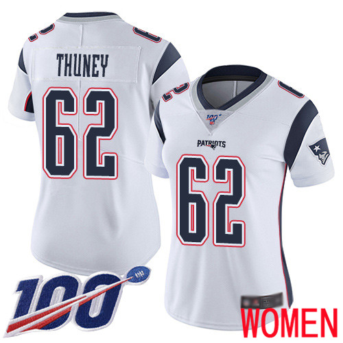 New England Patriots Football #62 Vapor Untouchable 100th Season Limited White Women Joe Thuney Road NFL Jersey